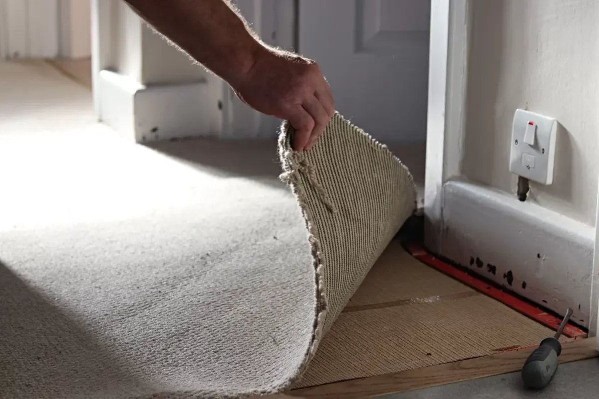 Carpet being pulled back to expose the odor source underneath